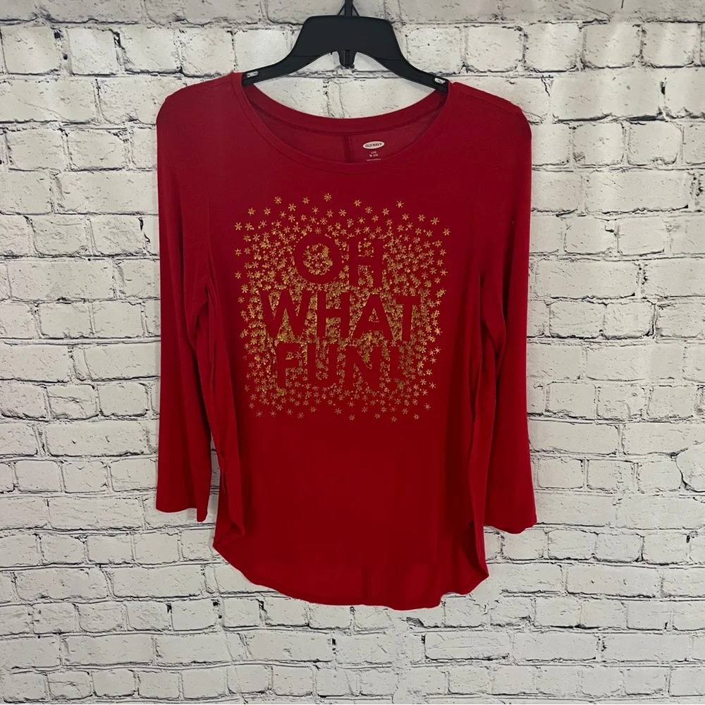 OLD NAVY Girls Red Luxe Holiday Shirt "Oh What Fun" 3/4 Sleeve XL 14